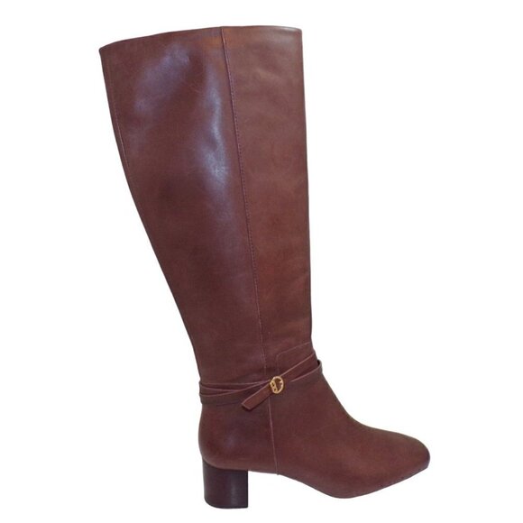 Tory Burch Squared Toe Mid Zip-Up-Perfect Brown Heeled Boot Gold Logo sz 8 New - Picture 2 of 7